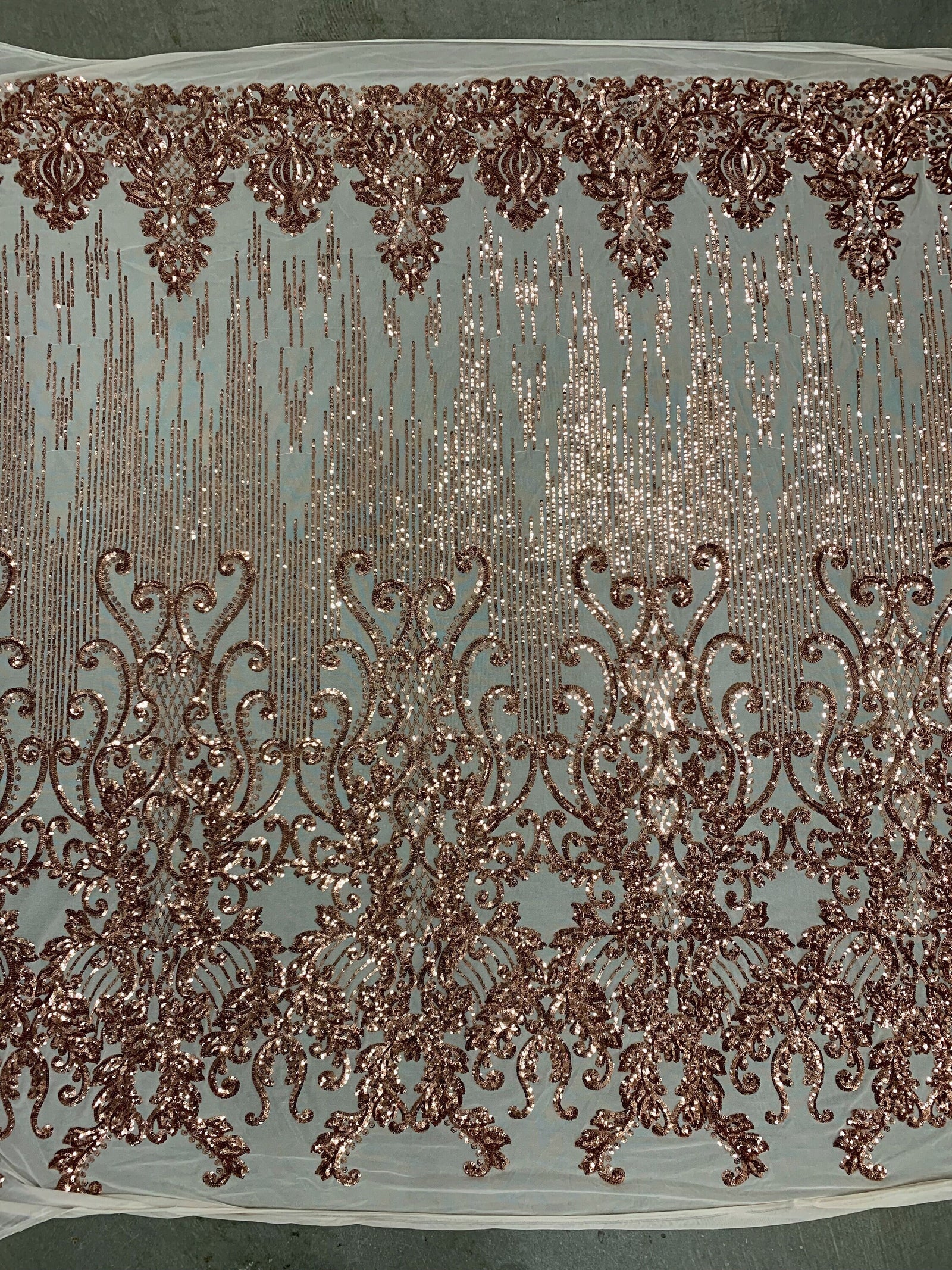 Angelica COPPER Curlicues and Leaves Sequins on Mesh Lace Fabric by the Yard - 10132