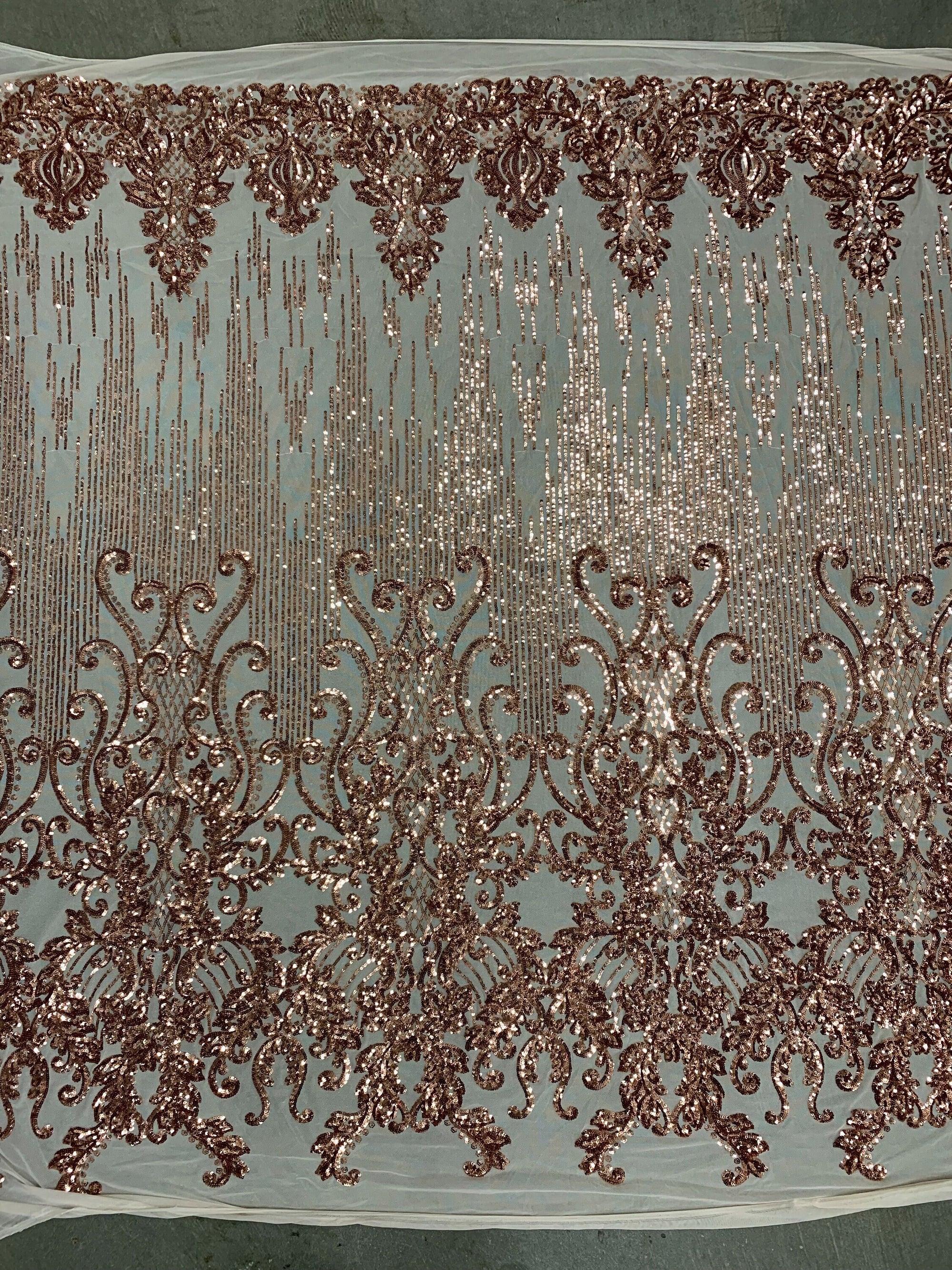 Angelica COPPER Curlicues and Leaves Sequins on Mesh Lace Fabric by the Yard - 10132