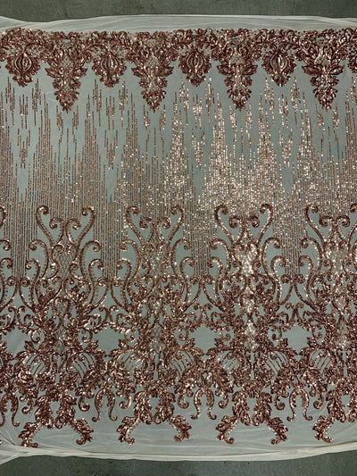 Angelica COPPER Curlicues and Leaves Sequins on Mesh Lace Fabric by the Yard - 10132