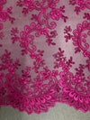 Melody HOT PINK Polyester Floral Embroidery with Sequins on Mesh Lace Fabric by the Yard for Gown, Wedding, Bridesmaid, Prom - 10002