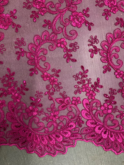 Melody HOT PINK Polyester Floral Embroidery with Sequins on Mesh Lace Fabric by the Yard for Gown, Wedding, Bridesmaid, Prom - 10002