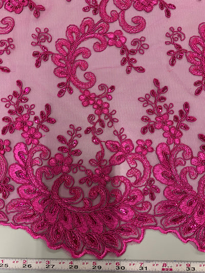 Melody HOT PINK Polyester Floral Embroidery with Sequins on Mesh Lace Fabric by the Yard for Gown, Wedding, Bridesmaid, Prom - 10002