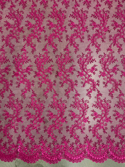Melody HOT PINK Polyester Floral Embroidery with Sequins on Mesh Lace Fabric by the Yard for Gown, Wedding, Bridesmaid, Prom - 10002