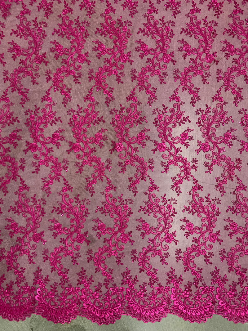 Melody HOT PINK Polyester Floral Embroidery with Sequins on Mesh Lace Fabric by the Yard for Gown, Wedding, Bridesmaid, Prom - 10002