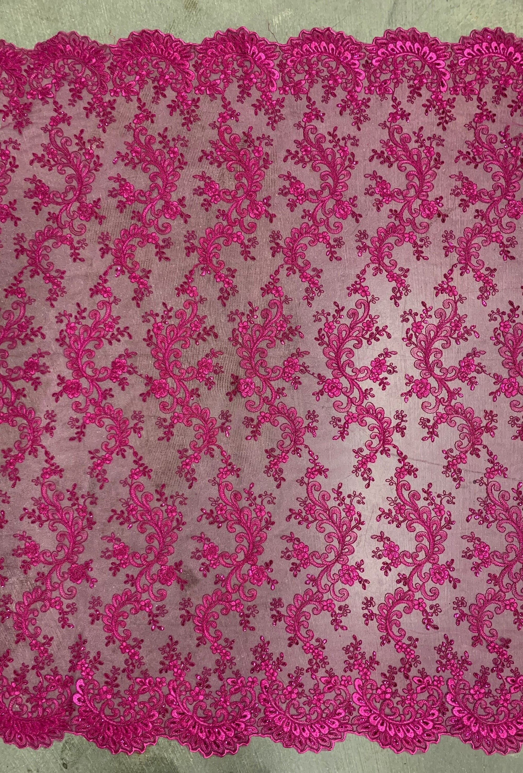 Melody HOT PINK Polyester Floral Embroidery with Sequins on Mesh Lace Fabric by the Yard for Gown, Wedding, Bridesmaid, Prom - 10002