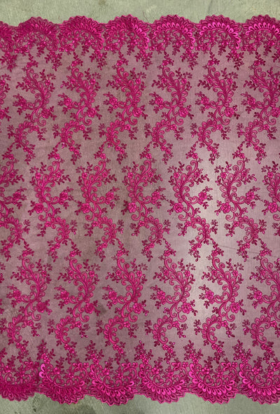 Melody HOT PINK Polyester Floral Embroidery with Sequins on Mesh Lace Fabric by the Yard for Gown, Wedding, Bridesmaid, Prom - 10002