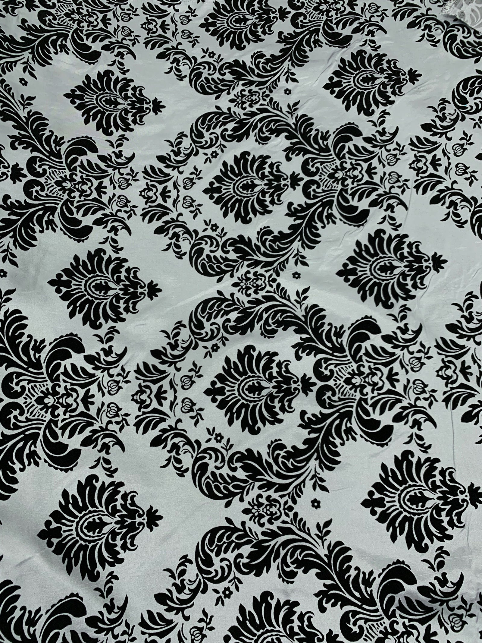 Amanda SILVER Taffeta with BLACK Velvet Flocked Damask Fabric by the Yard - 10078