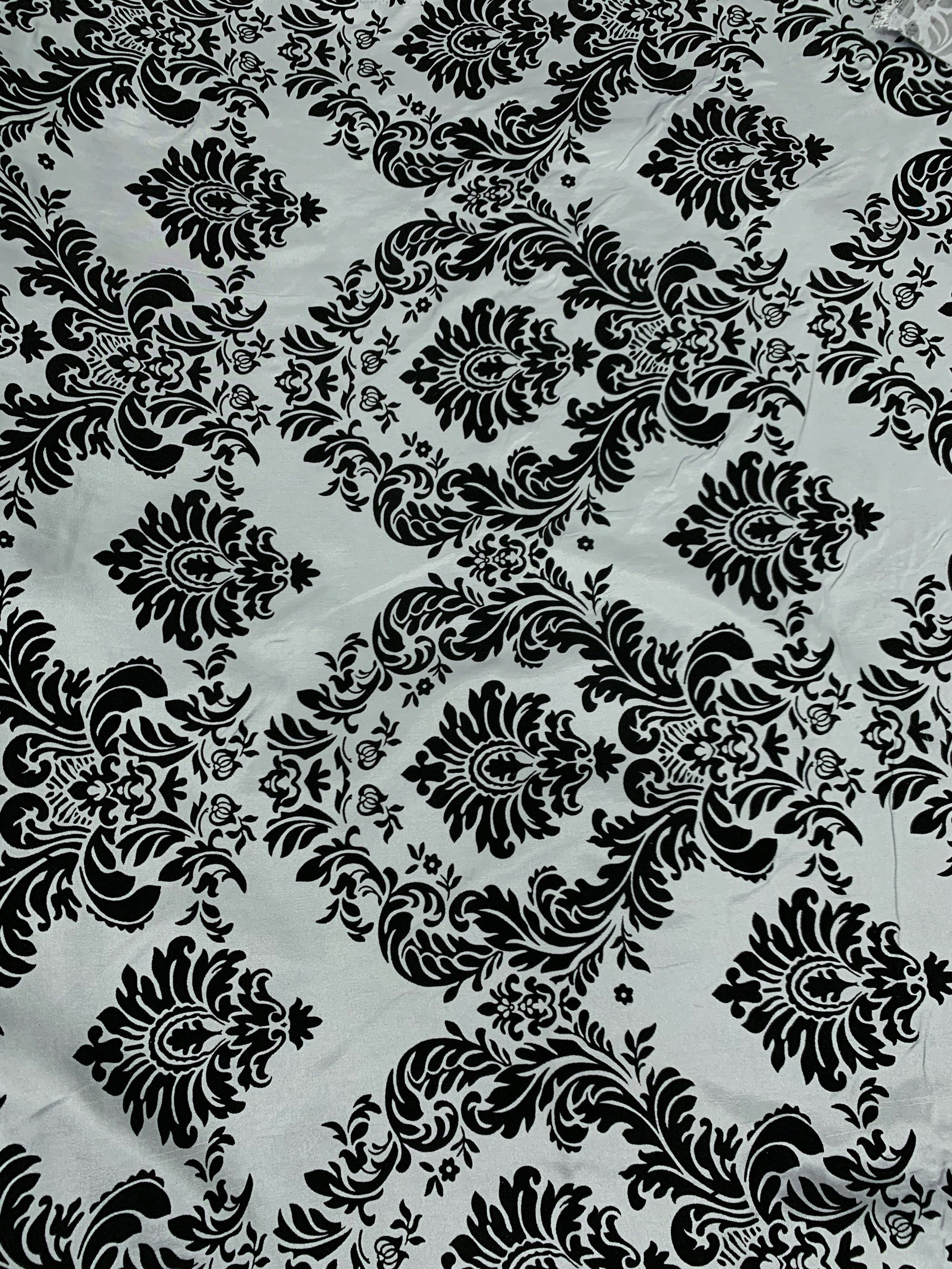 Amanda SILVER Taffeta with BLACK Velvet Flocked Damask Fabric by the Yard - 10078