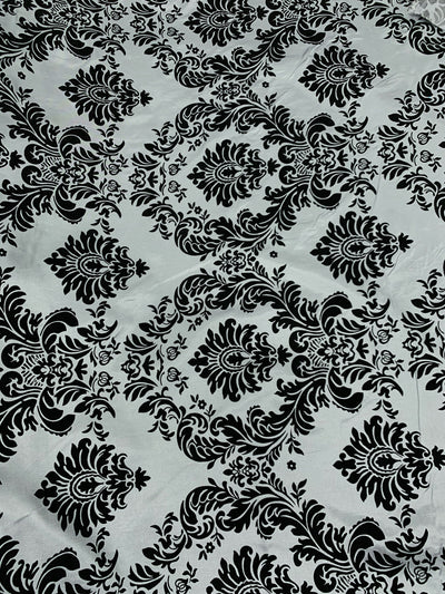 Amanda SILVER Taffeta with BLACK Velvet Flocked Damask Fabric by the Yard - 10078