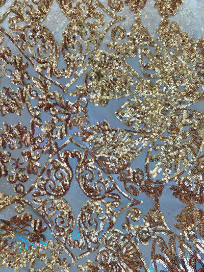 Kara GOLD Hearts and Flowers Sequins on NUDE Mesh Lace Fabric by the Yard - 10148