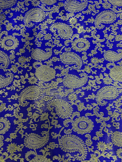 Holly ROYAL BLUE GOLD Paisley Floral Brocade Chinese Satin Fabric by the Yard - 10129