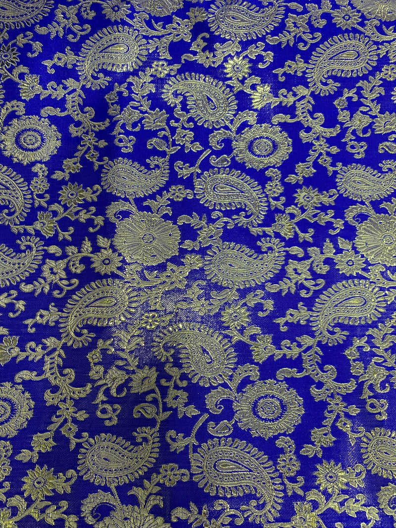 Holly ROYAL BLUE GOLD Paisley Floral Brocade Chinese Satin Fabric by the Yard - 10129