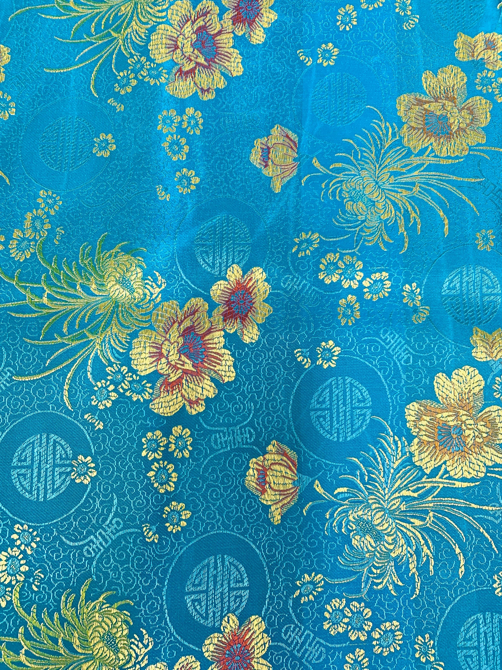Kate TURQUOISE Floral Brocade Chinese Satin Fabric by the Yard - 10037