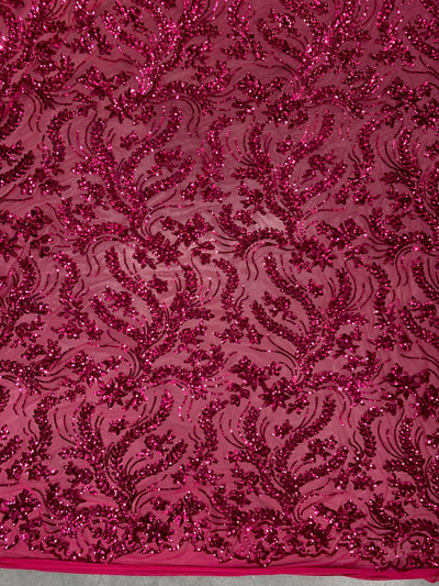 Erin HOT PINK Flowers and Leaves Sequins on Mesh Lace Fabric by the Yard - 10063