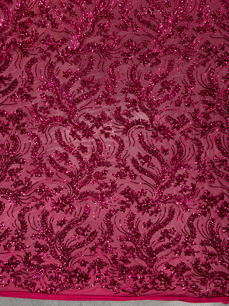 Erin HOT PINK Flowers and Leaves Sequins on Mesh Lace Fabric by the Yard - 10063