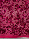 Erin HOT PINK Flowers and Leaves Sequins on Mesh Lace Fabric by the Yard - 10063