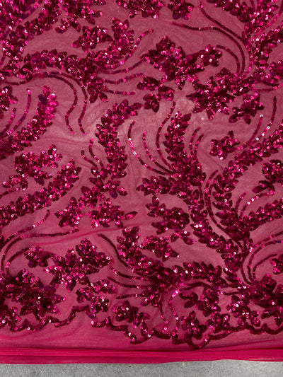 Erin HOT PINK Flowers and Leaves Sequins on Mesh Lace Fabric by the Yard - 10063
