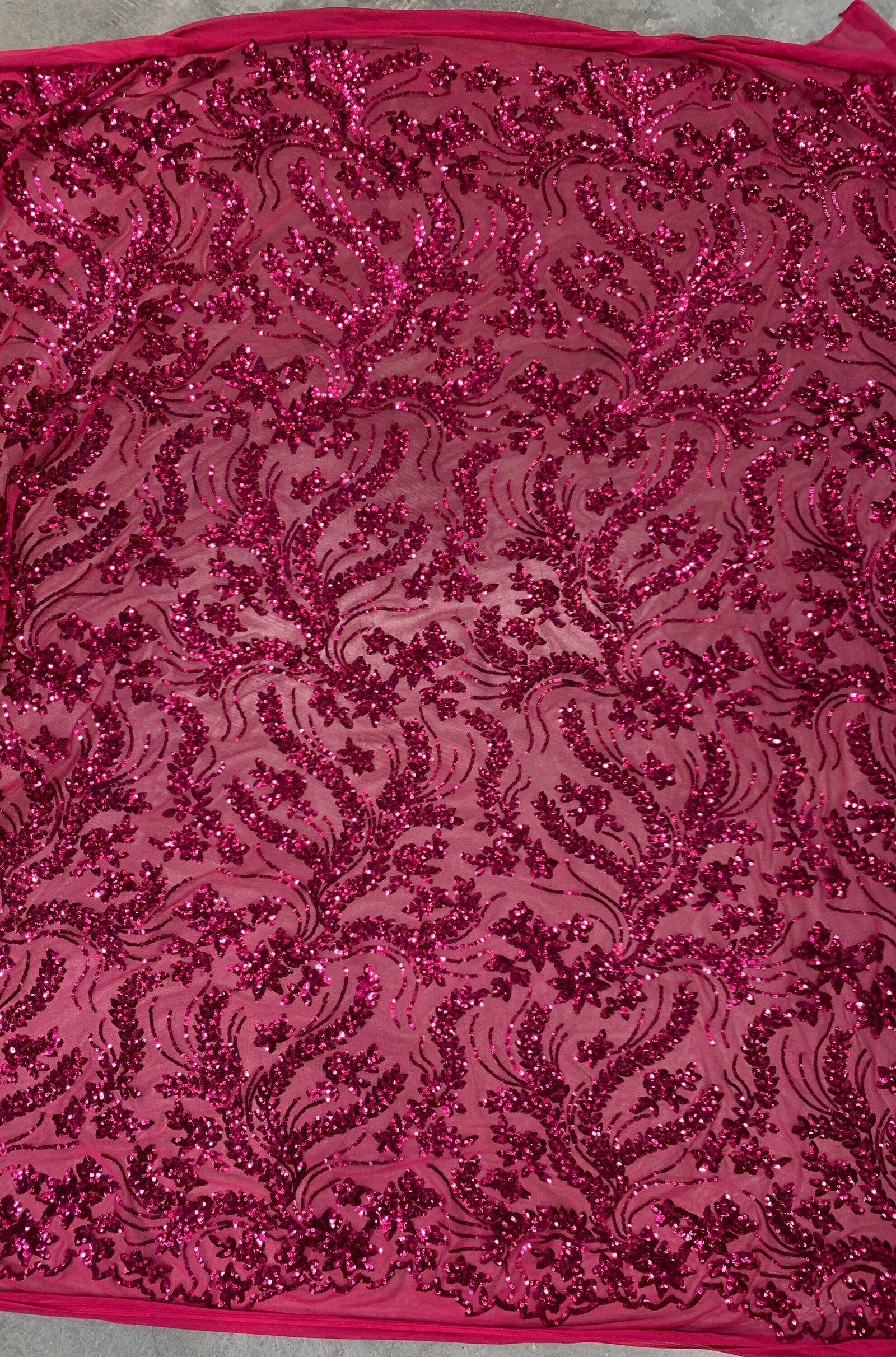 Erin HOT PINK Flowers and Leaves Sequins on Mesh Lace Fabric by the Yard - 10063