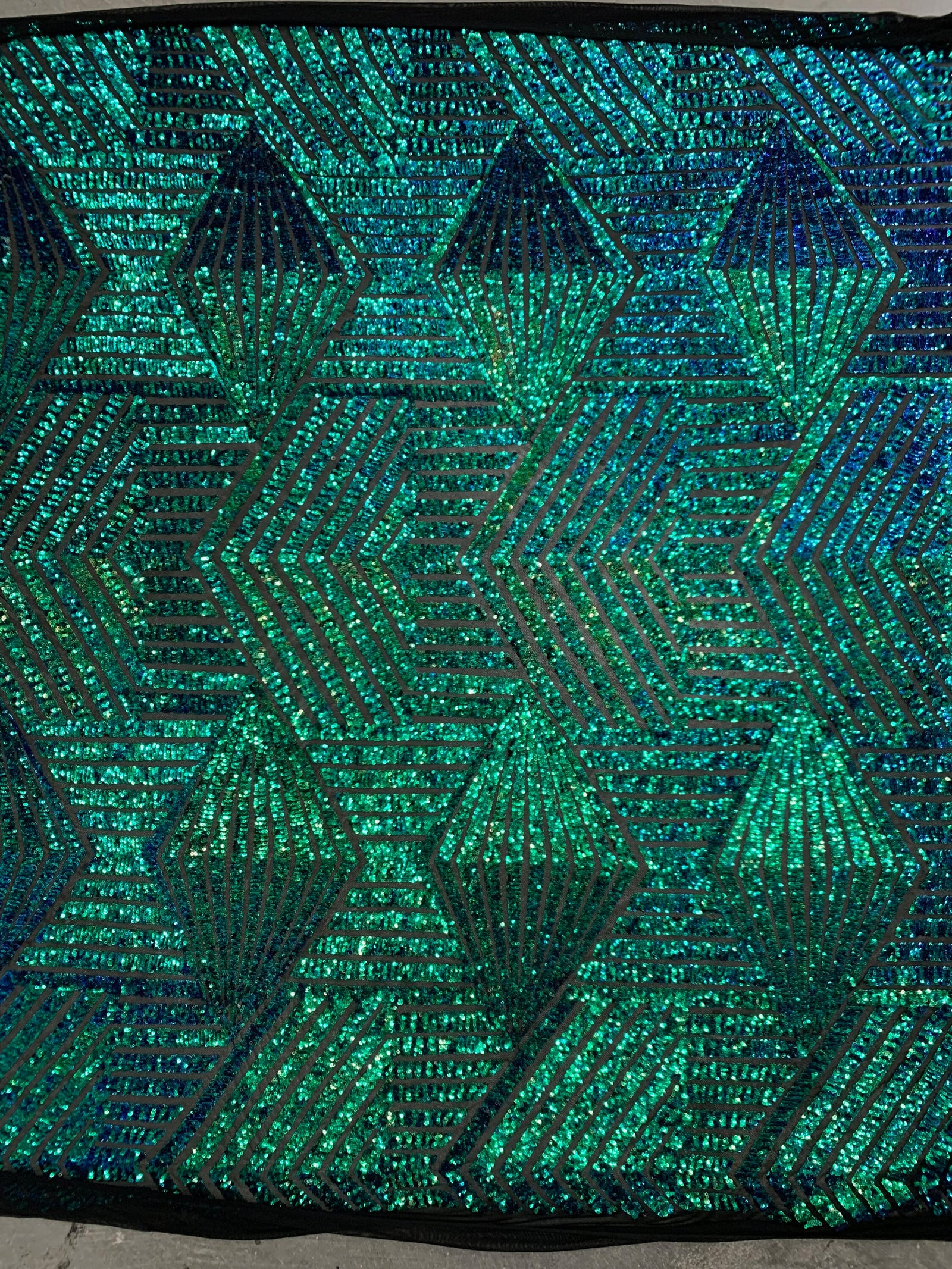 Thea IRIDESCENT GREEN BLUE Geometric Sequins Diamond & Stripes on Mesh Lace Fabric by the Yard - 10026