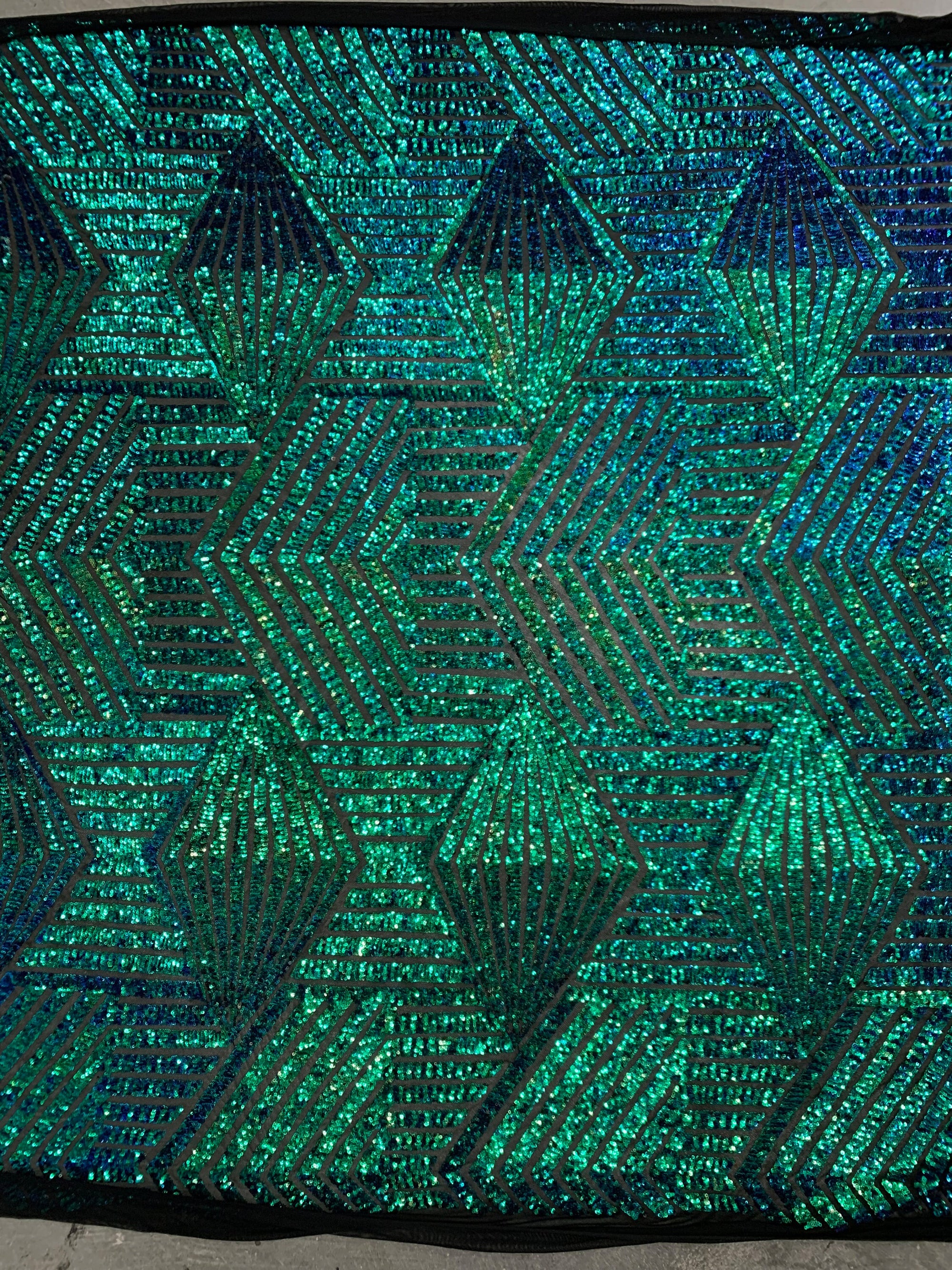 Thea IRIDESCENT GREEN BLUE Geometric Sequins Diamond & Stripes on Mesh Lace Fabric by the Yard - 10026