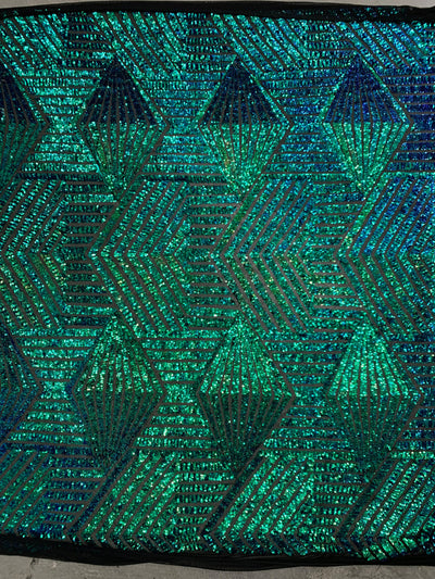 Thea IRIDESCENT GREEN BLUE Geometric Sequins Diamond & Stripes on Mesh Lace Fabric by the Yard - 10026