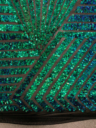Thea IRIDESCENT GREEN BLUE Geometric Sequins Diamond & Stripes on Mesh Lace Fabric by the Yard - 10026