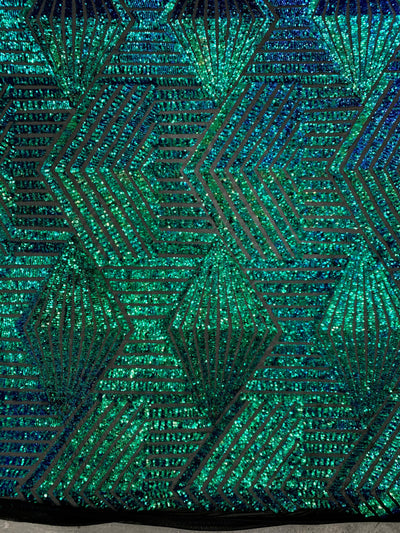 Thea IRIDESCENT GREEN BLUE Geometric Sequins Diamond & Stripes on Mesh Lace Fabric by the Yard - 10026