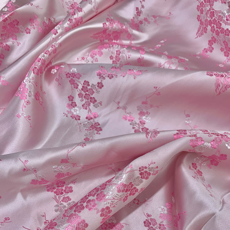 Kori LIGHT PINK Plum Blossom Floral Brocade Chinese Satin Fabric for Cheongsam/Qipao, Apparel, Costumes, Upholstery, Bags, Crafts - 10210