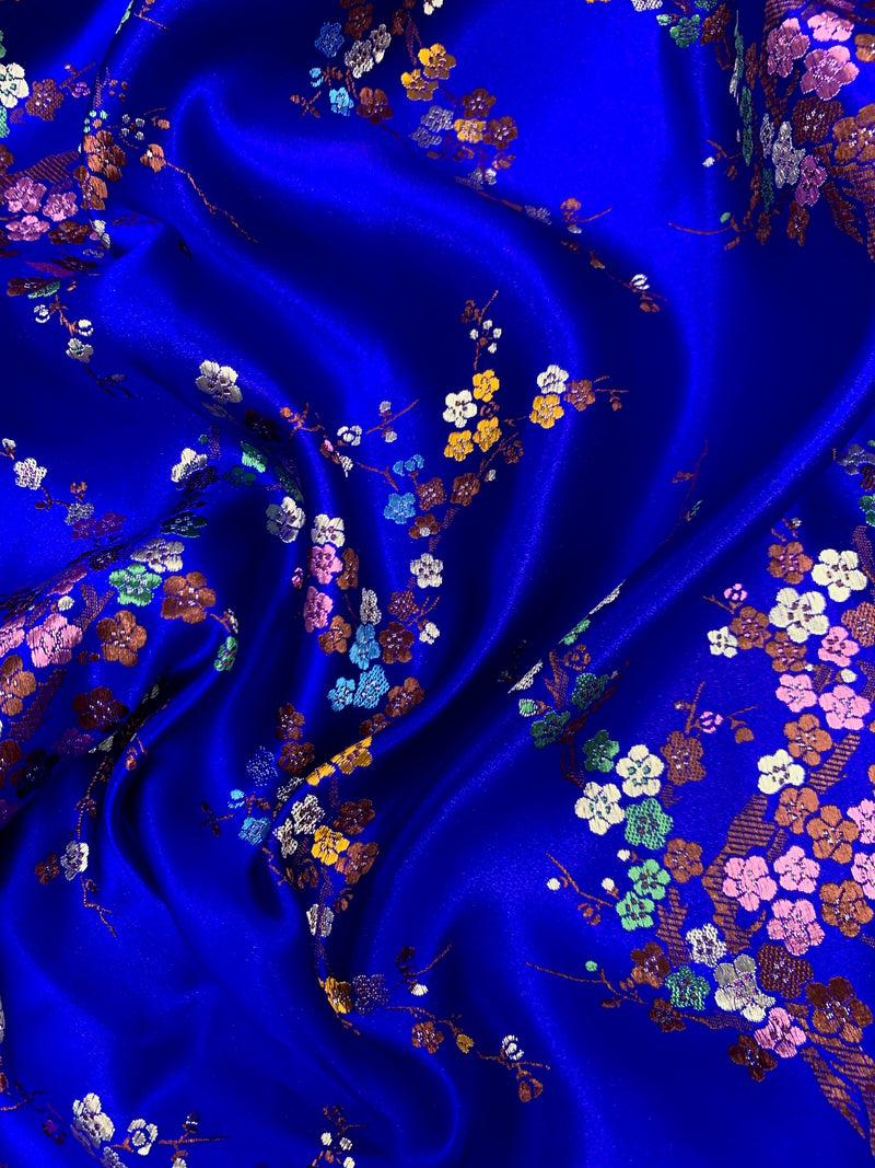 Kori ROYAL BLUE Plum Blossom Floral Brocade Chinese Satin Fabric for Cheongsam/Qipao, Apparel, Costumes, Upholstery, Bags, Crafts - 10210