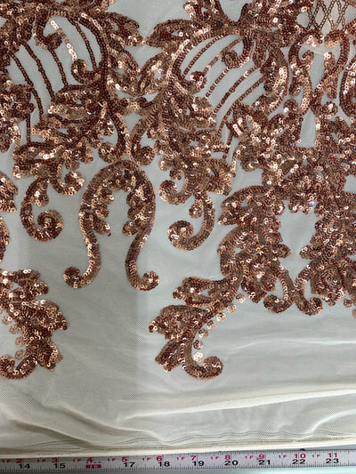 Angelica COPPER Curlicues and Leaves Sequins on Mesh Lace Fabric by the Yard - 10132