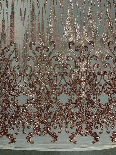 Angelica COPPER Curlicues and Leaves Sequins on Mesh Lace Fabric by the Yard - 10132