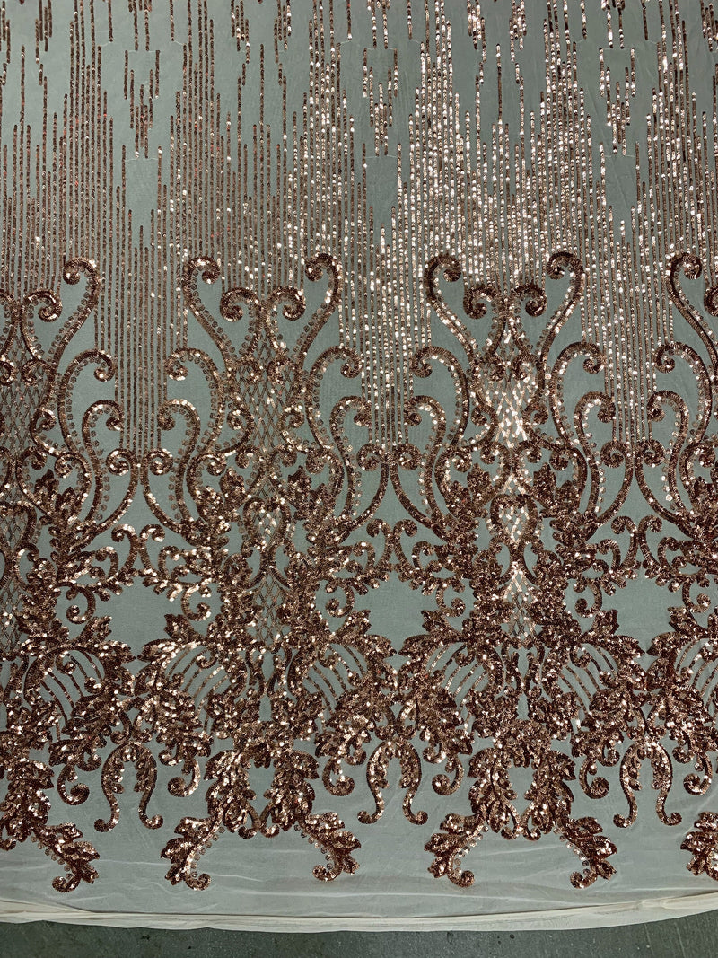 Angelica COPPER Curlicues and Leaves Sequins on Mesh Lace Fabric by the Yard - 10132