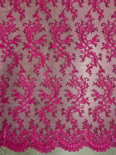 Melody HOT PINK Polyester Floral Embroidery with Sequins on Mesh Lace Fabric by the Yard for Gown, Wedding, Bridesmaid, Prom - 10002