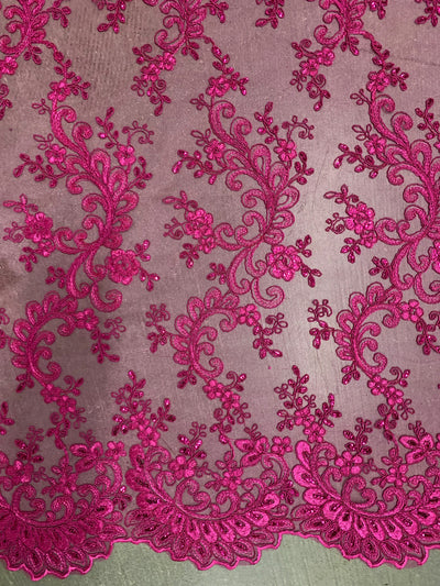 Melody HOT PINK Polyester Floral Embroidery with Sequins on Mesh Lace Fabric by the Yard for Gown, Wedding, Bridesmaid, Prom - 10002