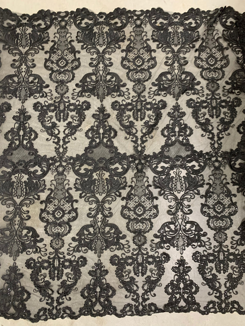 Vivian BLACK Polyester Embroidery with Sequins on Mesh Lace Fabric by the Yard for Gown, Wedding, Bridesmaid, Prom - 10003