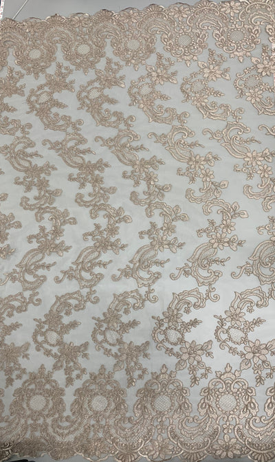 Elise TAUPE Polyester Corded Floral Embroidery on Mesh Lace Fabric by the Yard - 10029