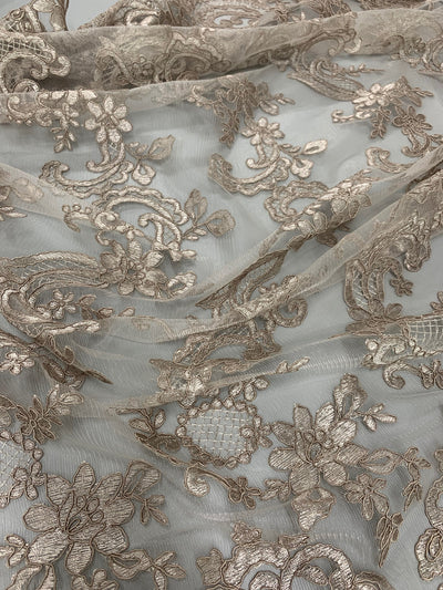Elise TAUPE Polyester Corded Floral Embroidery on Mesh Lace Fabric by the Yard - 10029