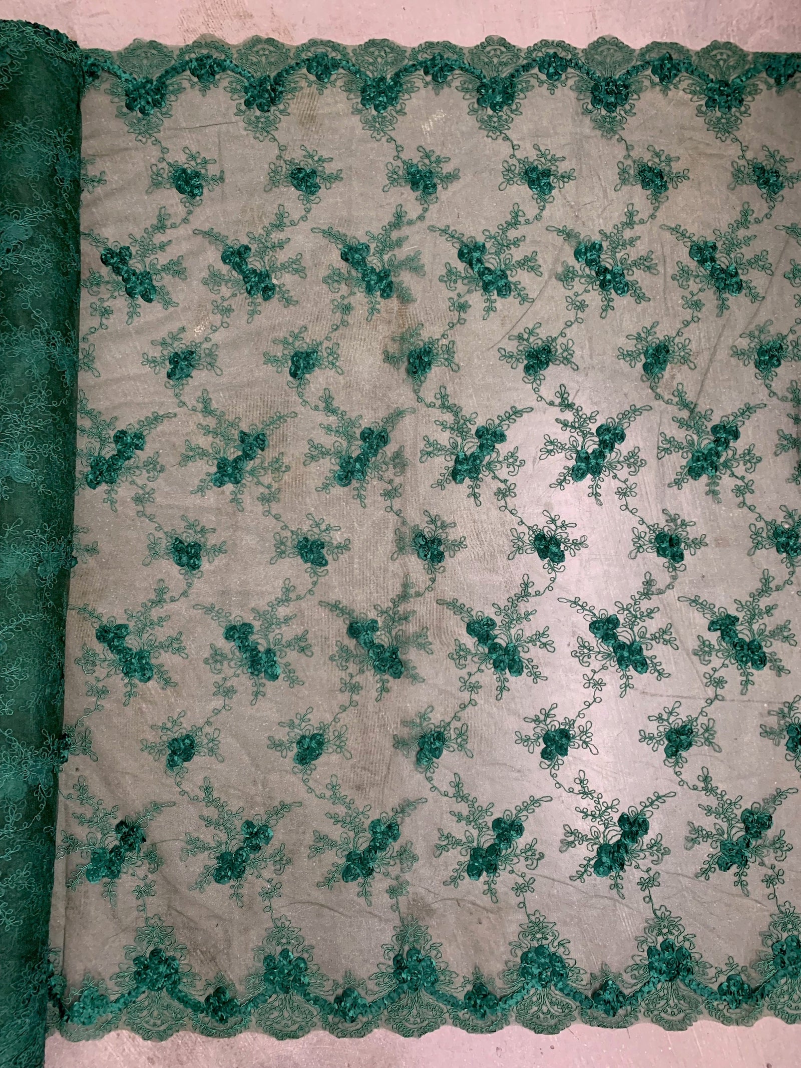 Andrea HUNTER GREEN 3-D Floral Matte Corded Embroidery on Mesh Lace Fabric by the Yard - 10016