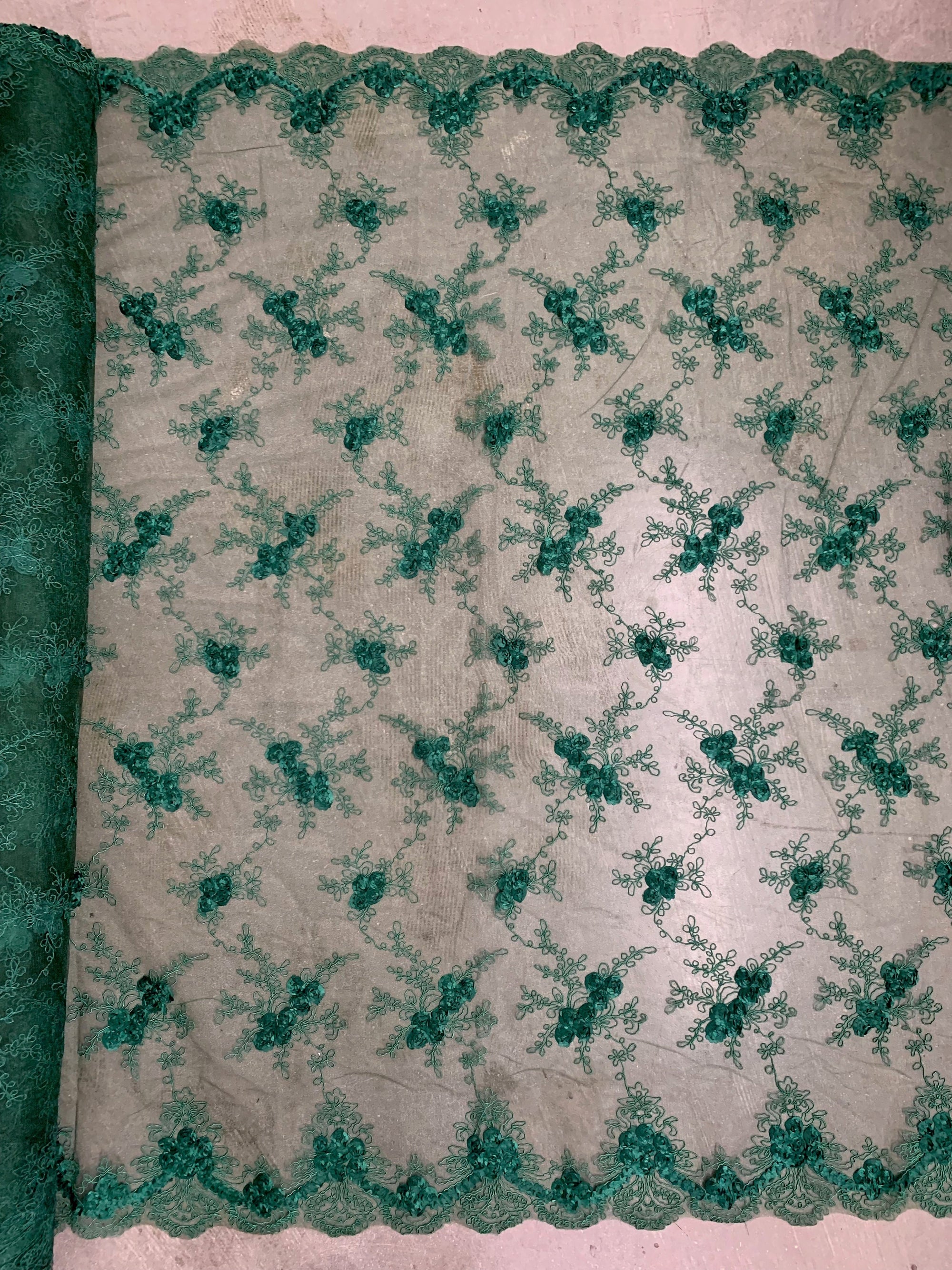 Andrea HUNTER GREEN 3-D Floral Matte Corded Embroidery on Mesh Lace Fabric by the Yard - 10016