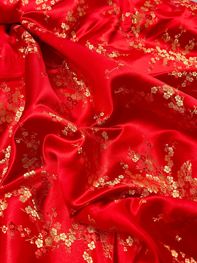 Kori RED Plum Blossom Floral Brocade Chinese Satin Fabric for Cheongsam/Qipao, Apparel, Costumes, Upholstery, Bags, Crafts - 10210
