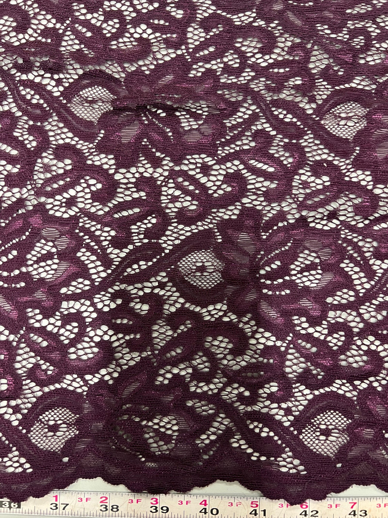 Elaine PLUM Floral Scalloped Nylon Spandex Stretch Lace Light Weight Fabric for Clothes, Lingerie, Costumes, Decorations, Crafts