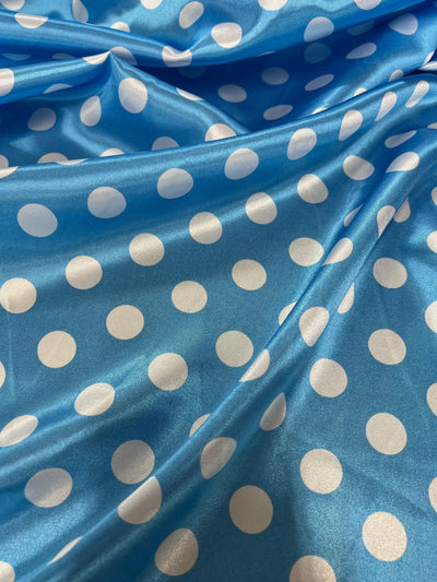 Shelby 0.75" WHITE Polka Dots on TURQUOISE Polyester Light Weight Satin Fabric by the Yard - 10070