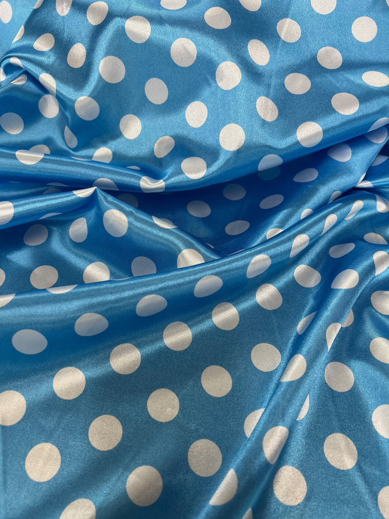 Shelby 0.75" WHITE Polka Dots on TURQUOISE Polyester Light Weight Satin Fabric by the Yard - 10070