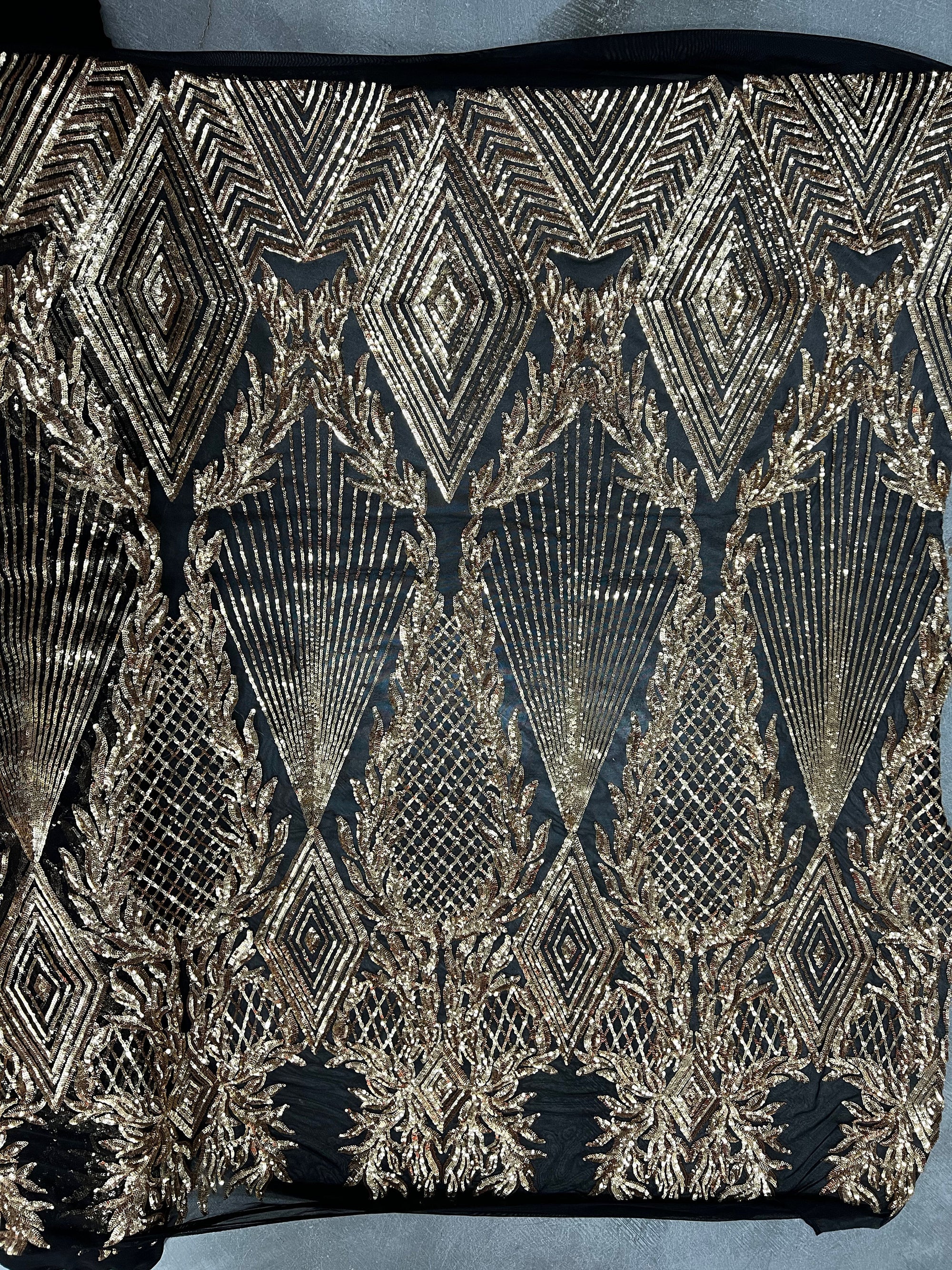 Francesca GOLD Vines and Diamonds Pattern Sequins on BLACK Mesh Lace Fabric by the Yard - 10130