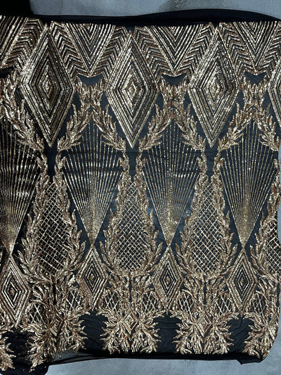 Francesca GOLD Vines and Diamonds Pattern Sequins on BLACK Mesh Lace Fabric by the Yard - 10130