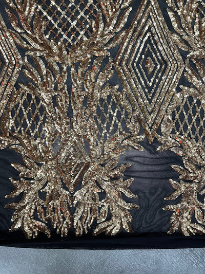 Francesca GOLD Vines and Diamonds Pattern Sequins on BLACK Mesh Lace Fabric by the Yard - 10130