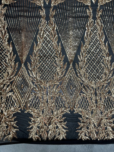 Francesca GOLD Vines and Diamonds Pattern Sequins on BLACK Mesh Lace Fabric by the Yard - 10130
