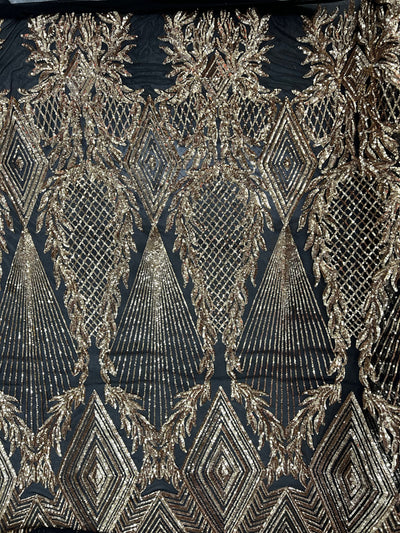 Francesca GOLD Vines and Diamonds Pattern Sequins on BLACK Mesh Lace Fabric by the Yard - 10130