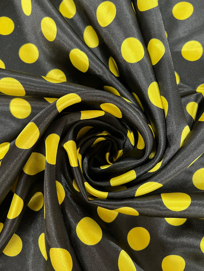 Shelby 0.75" YELLOW Polka Dots on BLACK Polyester Light Weight Satin Fabric by the Yard - 10070