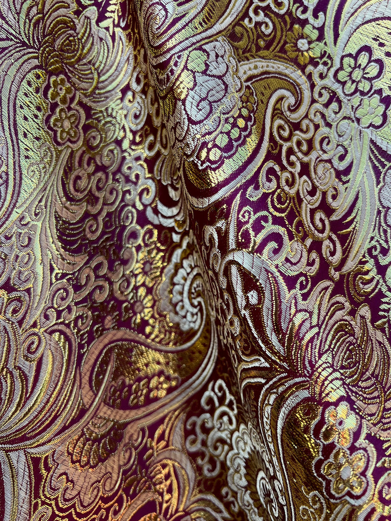 Brynn BURGUNDY GOLD Paisley Floral Brocade Chinese Satin Fabric by the Yard - 10054